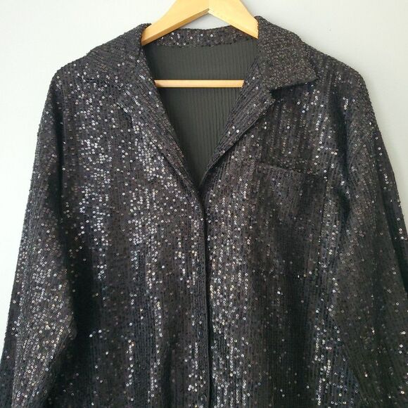 Black Sequin Long Sleeve Button UpV Neck Dress Blouse Womens Large - Picture 2 of 8